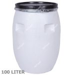 بشکه پلاستیکی صنعتی 100 لیتری سفید با کمربند فلزی